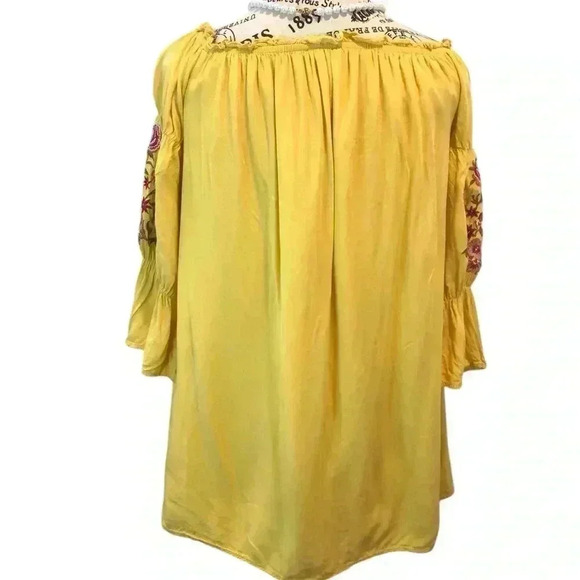 Andre By Unit Medium Goldenrod Floral Embroidered Peasant Blouse Puff Sleeves - Picture 2 of 7